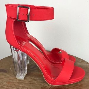 Red and Clear Heels with Buckle and Zipper Detail
